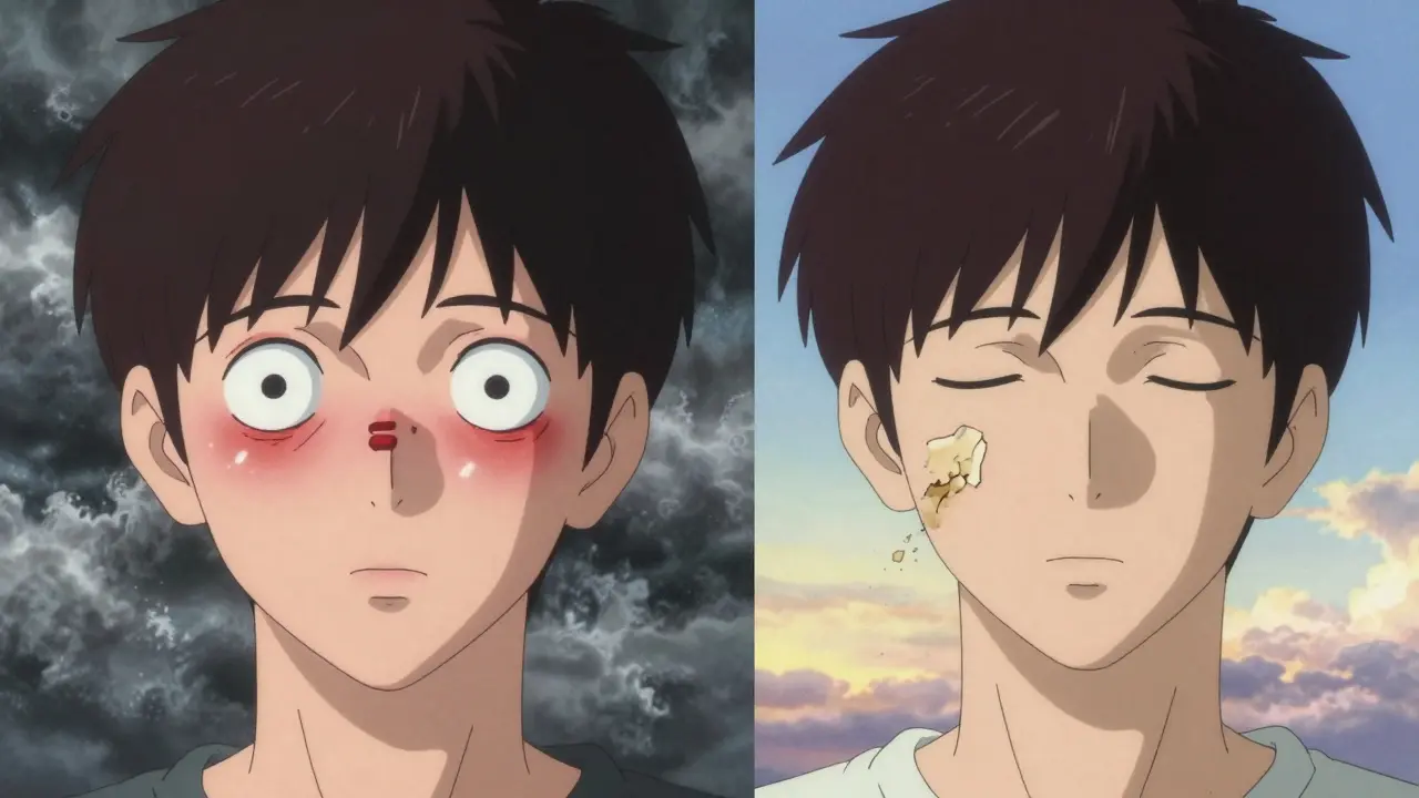 Split image: bulging eyes during flare vs. relaxed eyes after treatment, scar tissue dissolving.