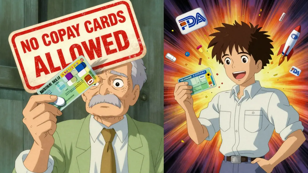 Split scene: a senior denied copay assistance versus a commercially insured person enjoying savings, with FDA logos and biosimilar rockets in the background.