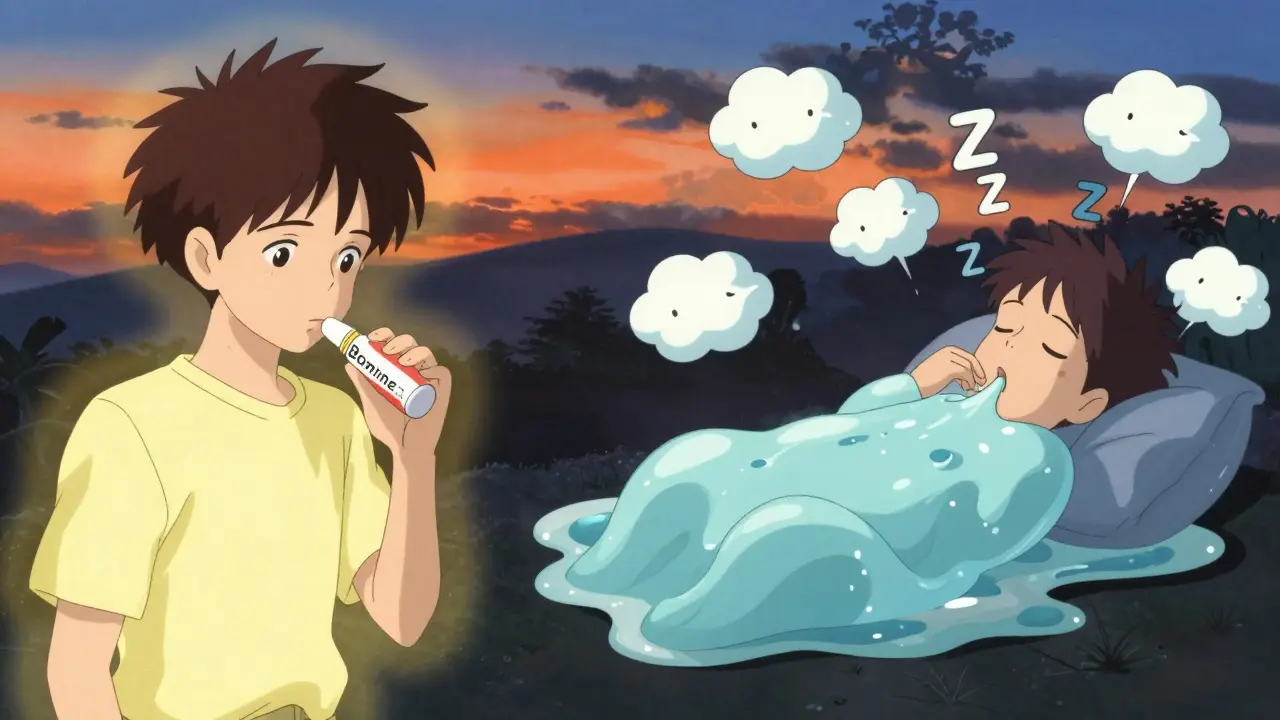 Split scene: one person calm with Bonine, another melting into sleepiness after Dramamine, in surreal colors.