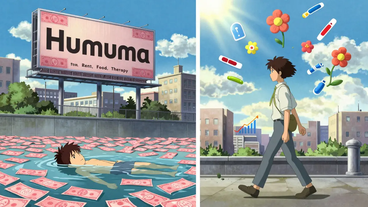Split scene: patient drowning in bills vs. walking freely under biosimilar icons in a sunlit sky.