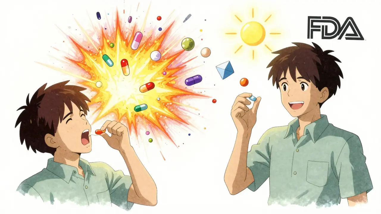 Split-screen: a patient suffering from bad ingredients on one side, calm and healthy with safe ingredients on the other.