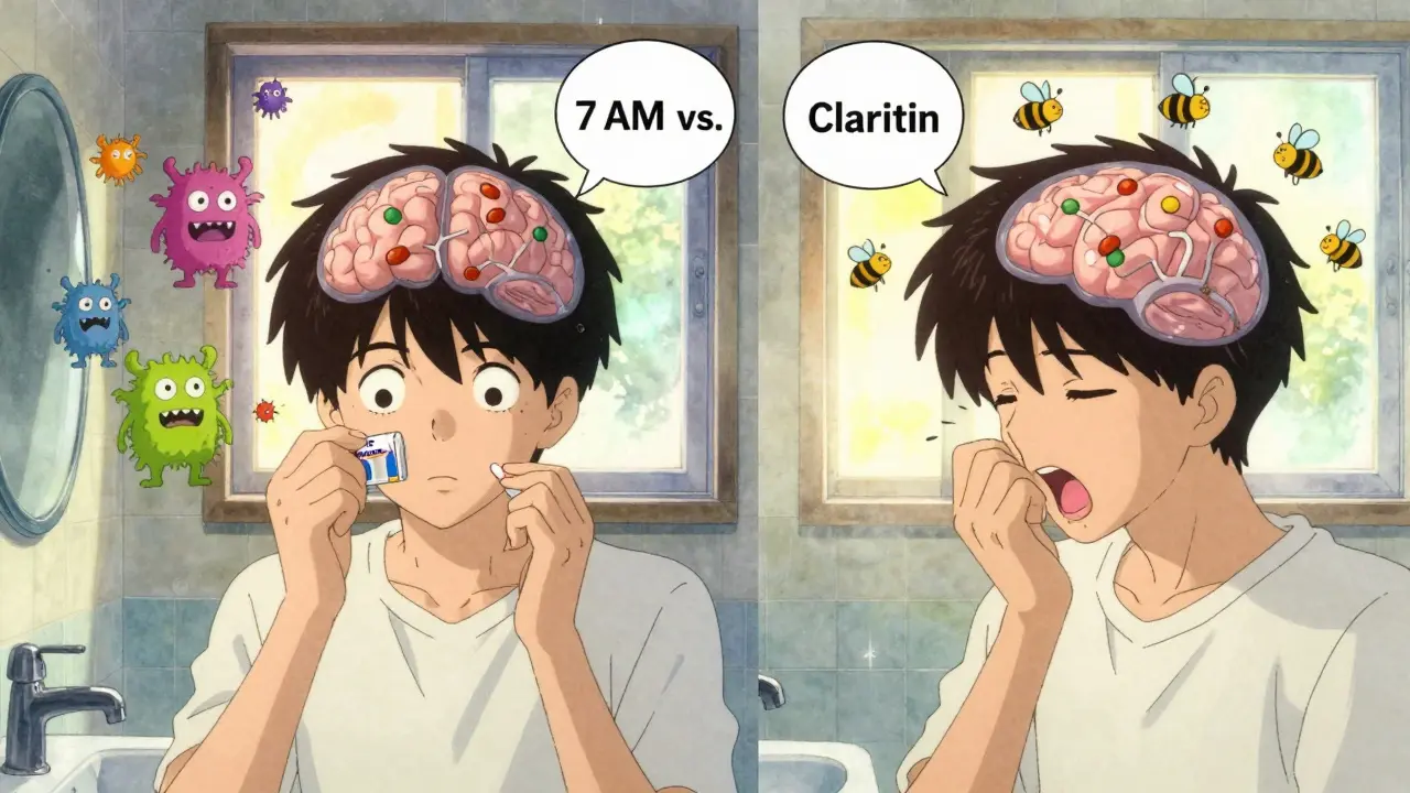 Split-screen bathroom scene: one person alert after taking Zyrtec, another yawning after Claritin, with visualized histamine blockers.