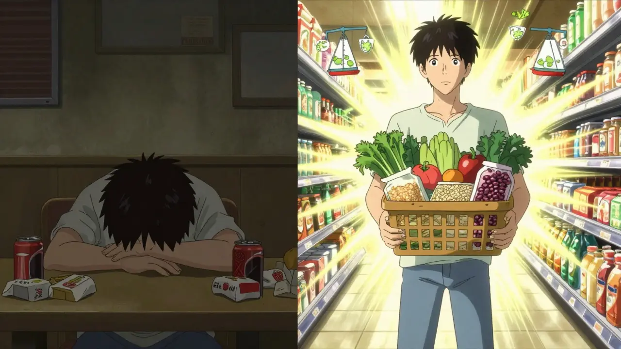 Split-screen contrast: person surrounded by fast food vs. same person holding fresh produce in a bright grocery aisle.