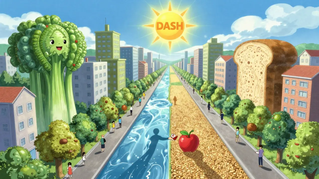 Surreal city transformed into a living DASH diet, with buildings as vegetables, rivers of water, and people exchanging junk food for fruit.