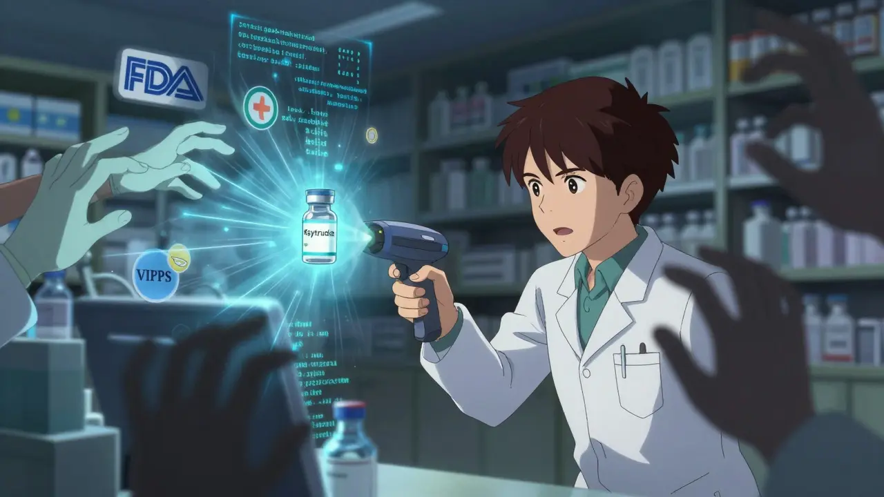 Technician scanning a cancer drug as ghostly counterfeit hands reach from shadows.