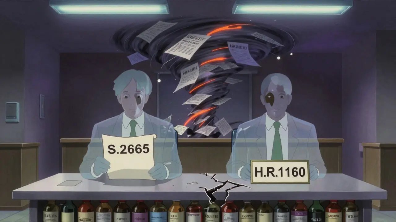 Two congressional figures holding blank bills amid a storm of forgotten petitions.