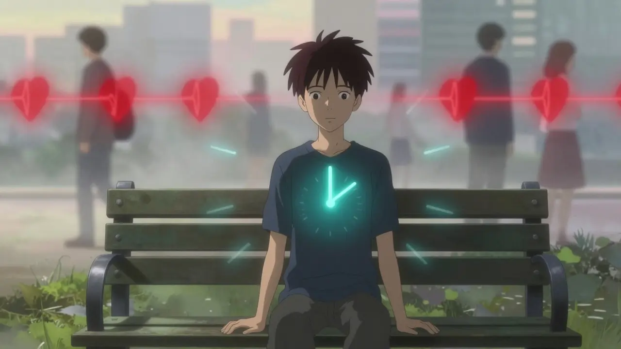 A calm figure with a slow glowing pulse, representing bradycardia against a blurred city.