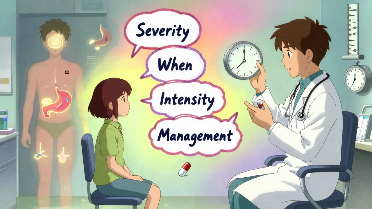 A doctor and patient in a surreal clinic with glowing icons of symptoms and adjusting clocks and dosages around them.