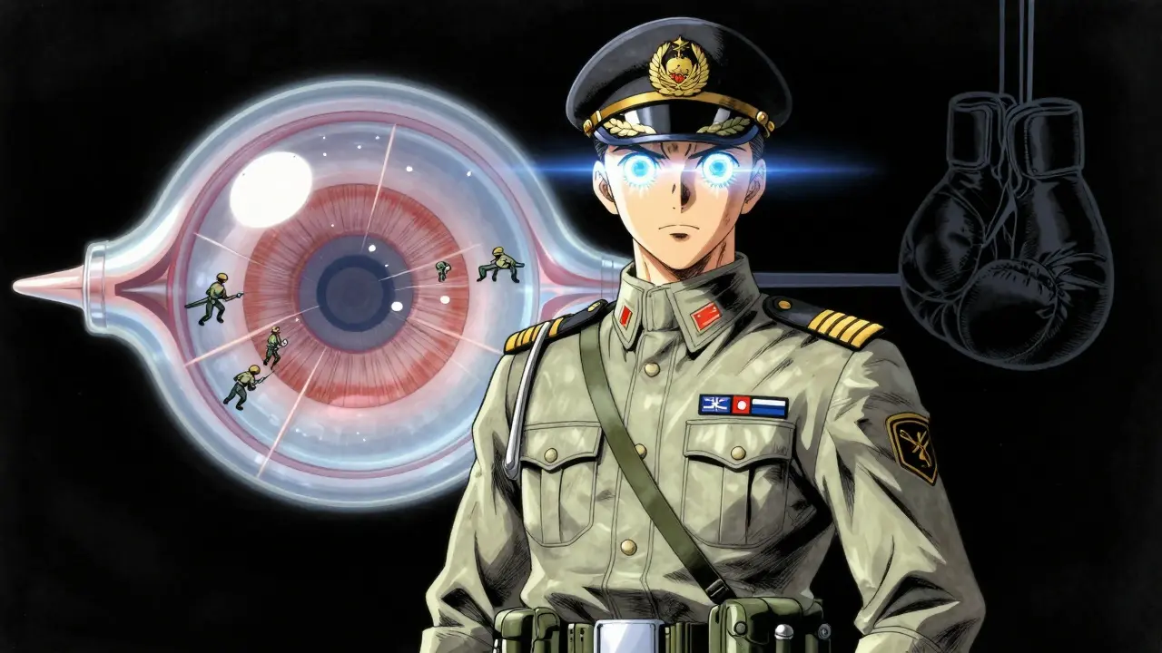 A military pilot with radiant eyes and a healing cornea mosaic symbolizing long-term safety.