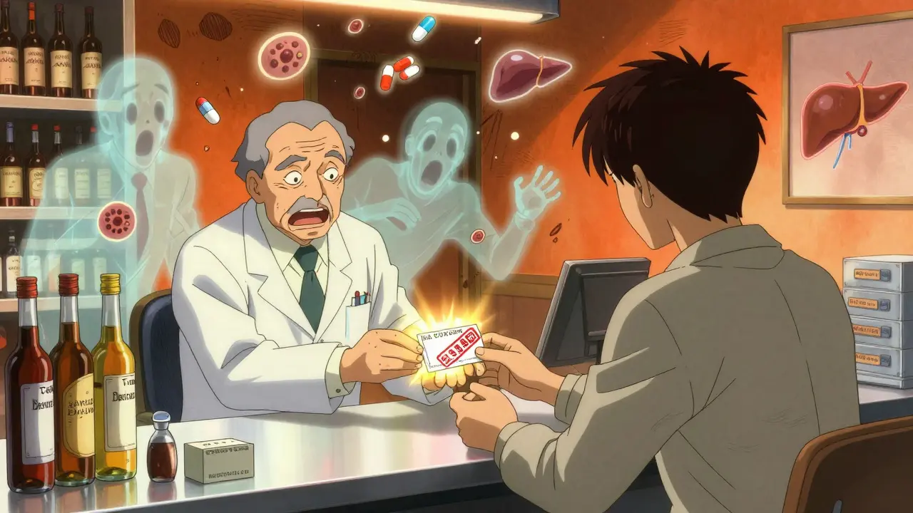 A pharmacist giving a prescription with a red warning stamp, while ghostly figures fall around them amid medical icons.