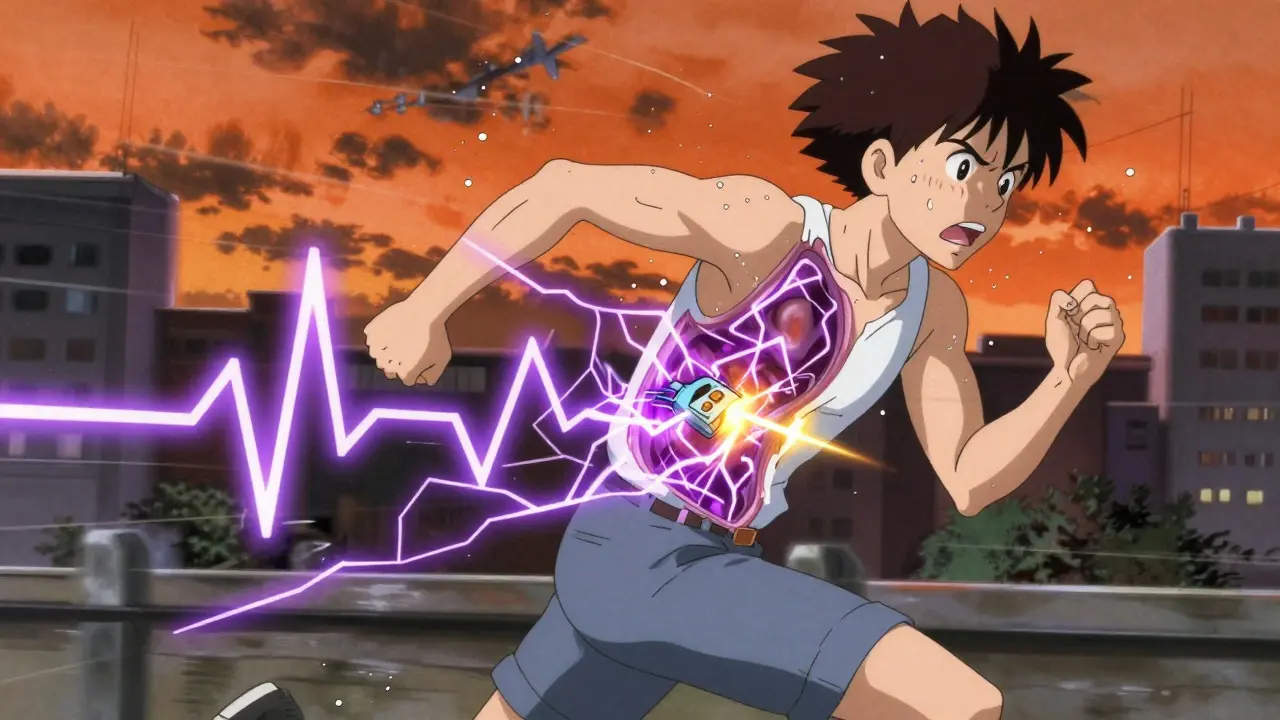 A runner with electric surges in the lower heart chambers, symbolizing ventricular tachycardia.