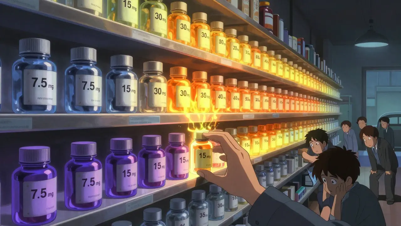A surreal pharmacy shelf with glowing mirtazapine bottles, lower doses in calming blue-silver, higher ones in chaotic orange-yellow, as a hand reaches for the 15 mg bottle.