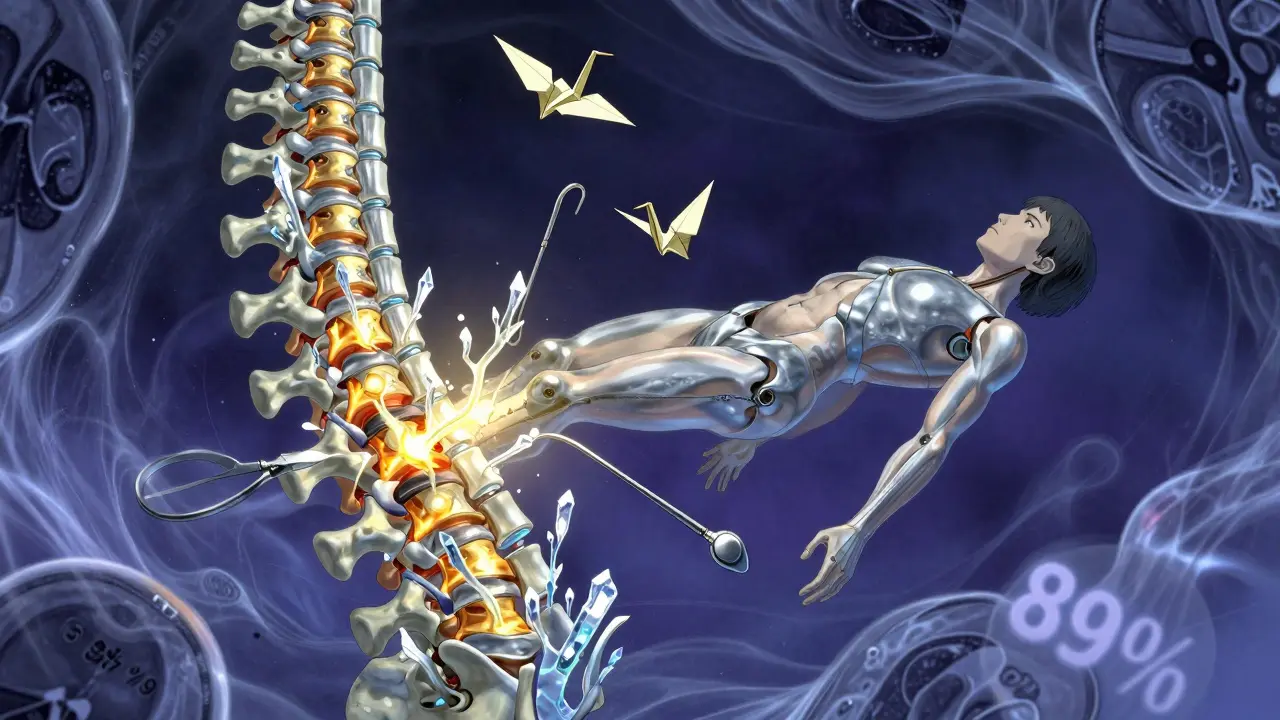 A surreal spinal fusion surgery with glowing bone grafts and origami cranes symbolizing healing and technology.