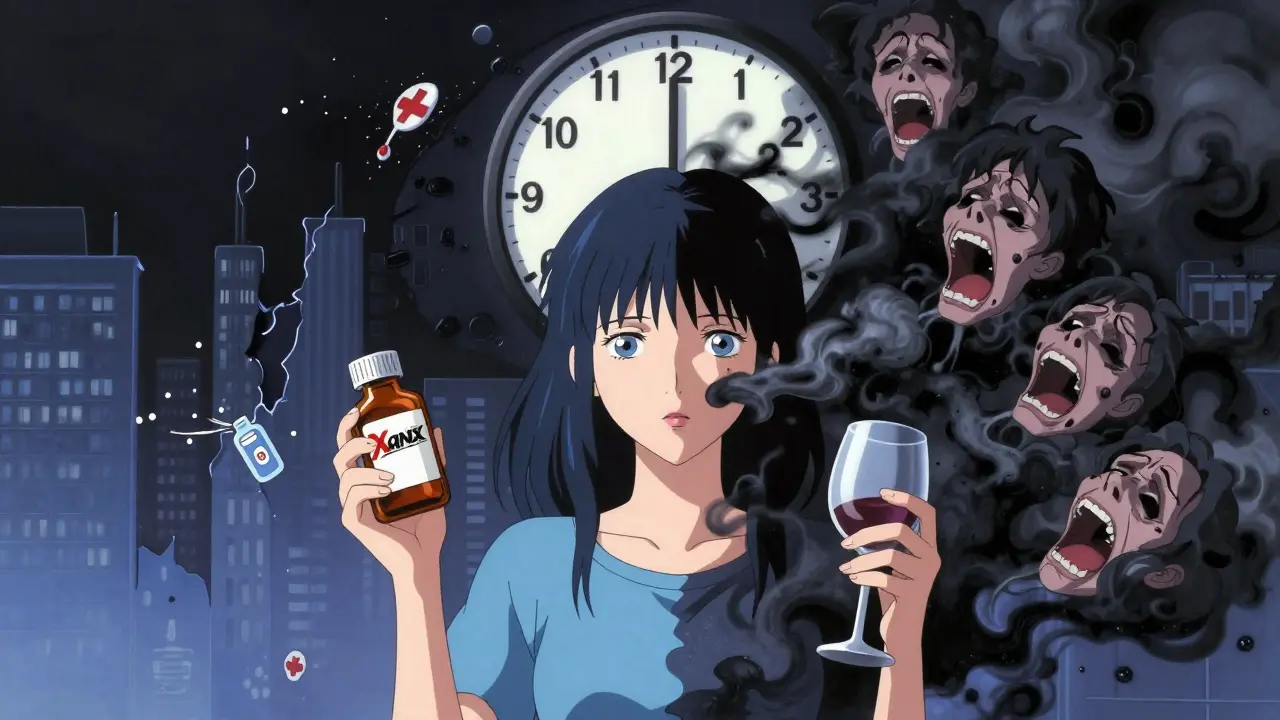 A woman torn between calm and chaos as alcohol and Xanax combine, with floating faces symbolizing suppressed breathing.