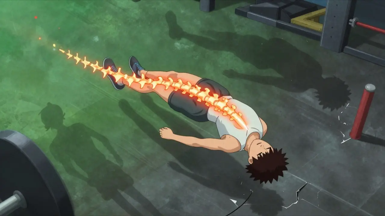 A young athlete with a glowing fracture in the spine as vertebrae slowly slip forward during a backbend.