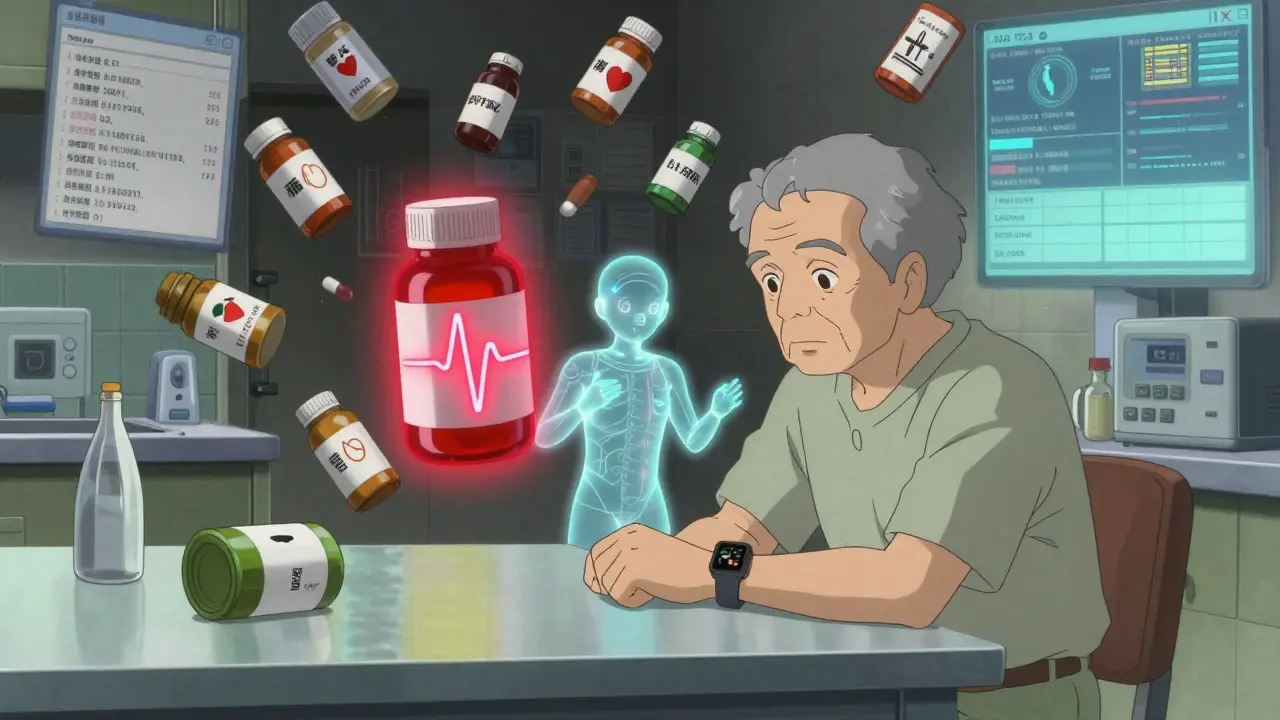 An elderly person surrounded by floating medication bottles, with an AI analyzing vitals from a smartwatch.