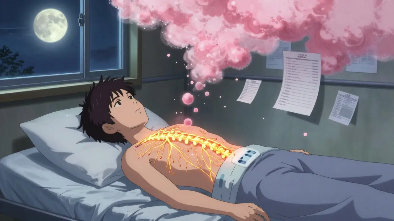 Patient under fentanyl patch with glowing spinal pathways, pink itch clouds dissolving into light.