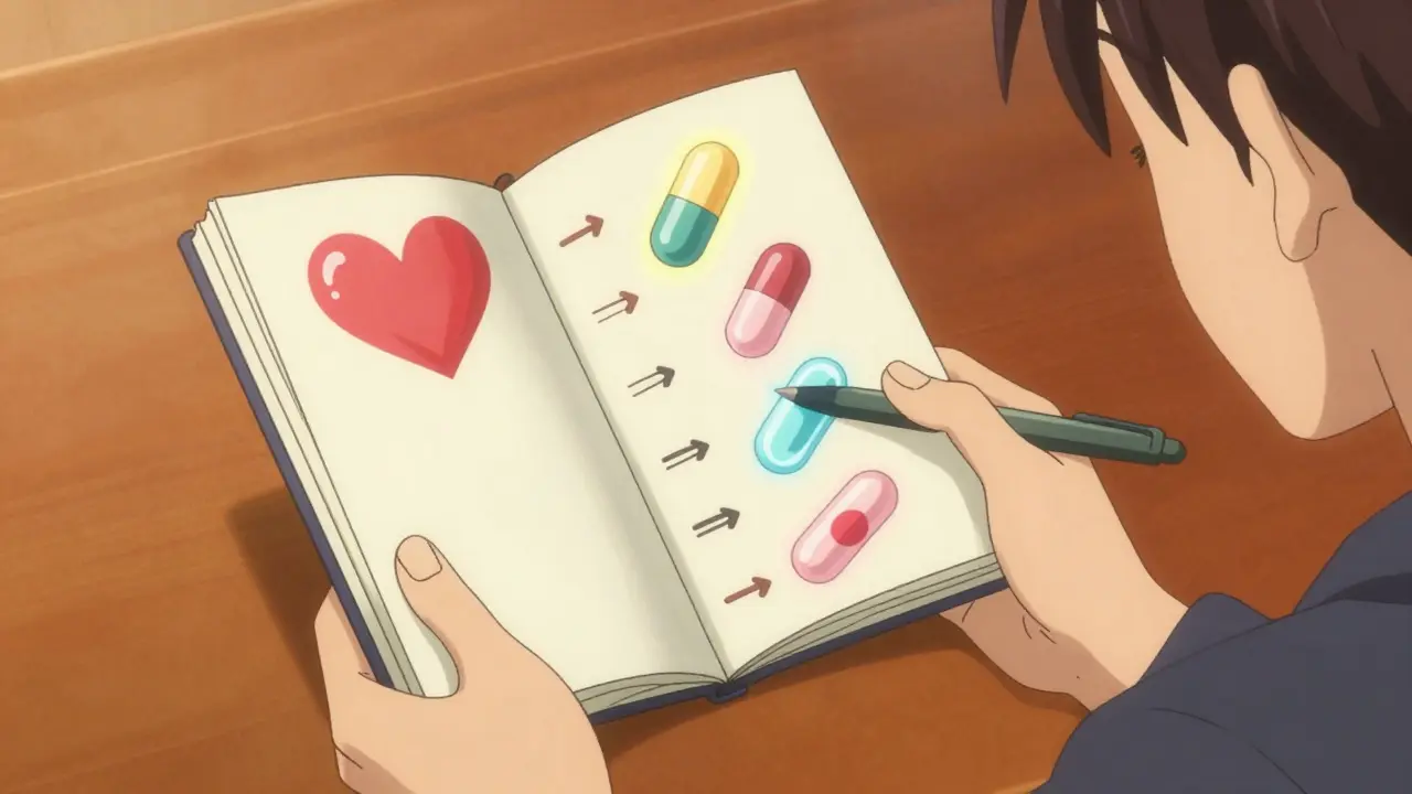 Person organizing medication icons into floating notebook with vibrant symbols