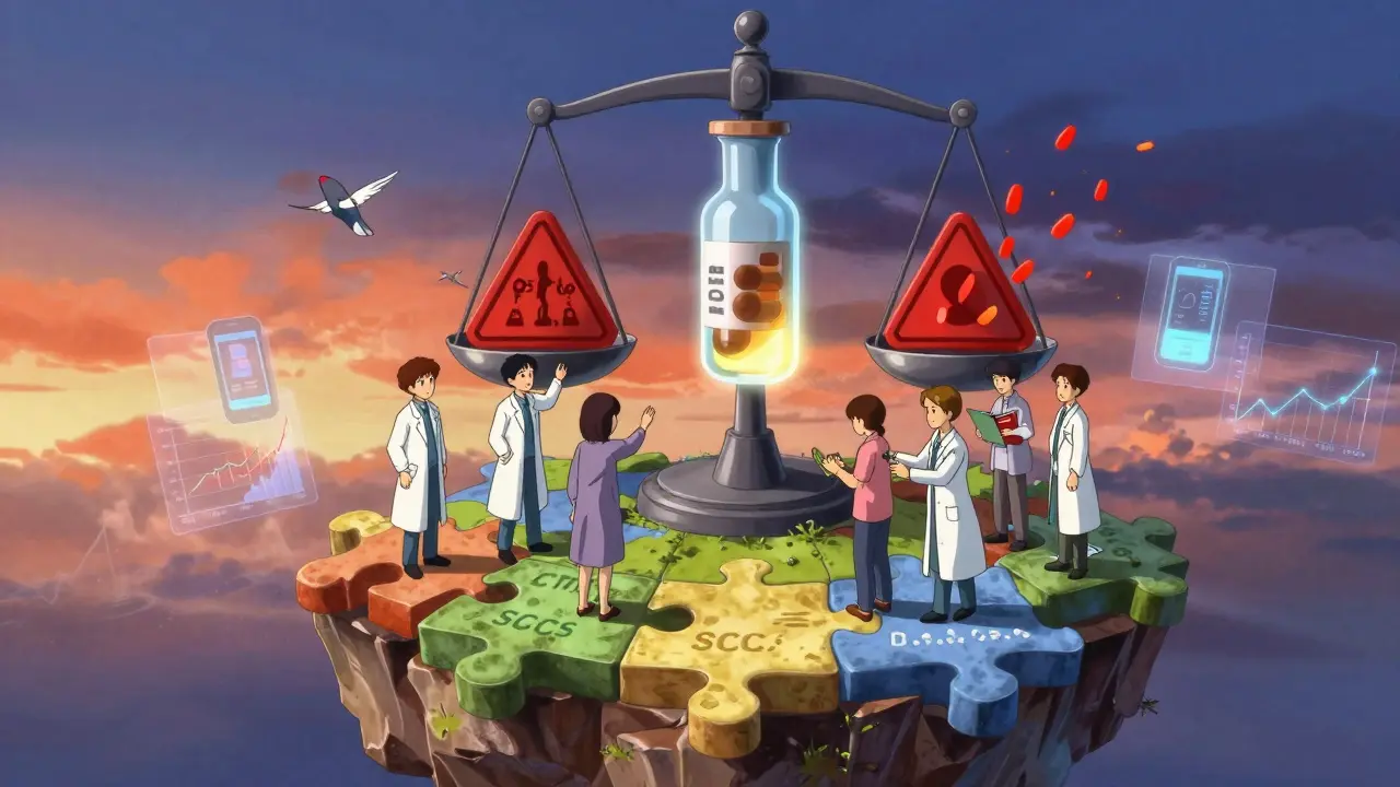 Scientists and patients on a floating island of data puzzle pieces, balancing drug safety against warning signs.