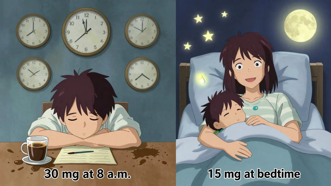 Split scene: one side shows a groggy person at noon with coffee spill, the other shows a happy person tucking a child in bed with a glowing 15 mg pill.