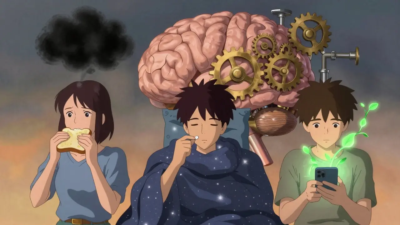 Three people experiencing breakthroughs with medication, side effects transforming into calming symbols under a glowing brain.