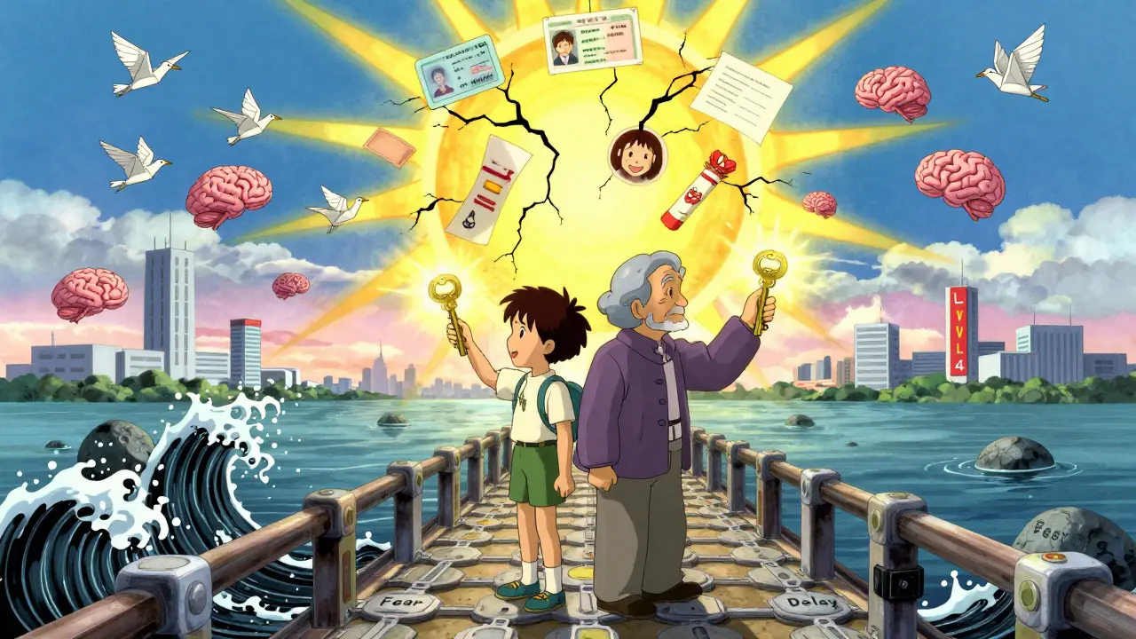 A child and elderly person turning keys on an EEG bridge, opening a sky of freedom symbols as seizure waves crash below.