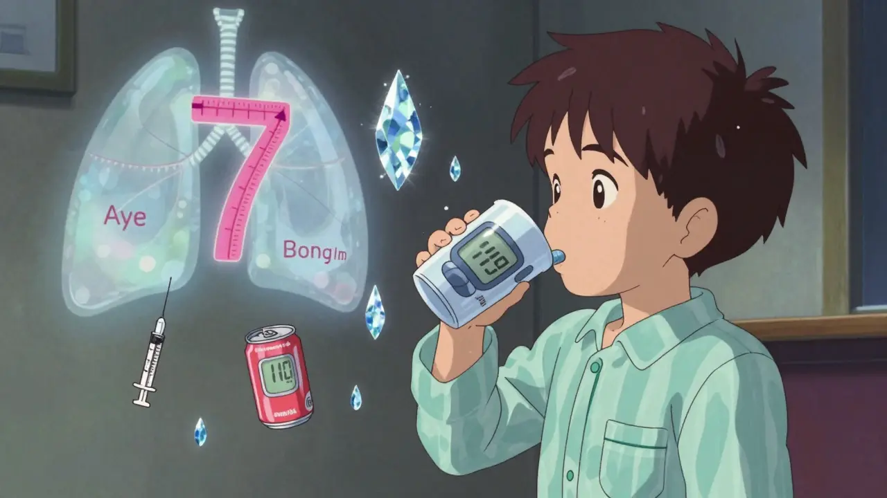 A child drinking fluid with glowing droplets showing glucose levels and age-based hydration rules, emphasizing proper hydration during illness.