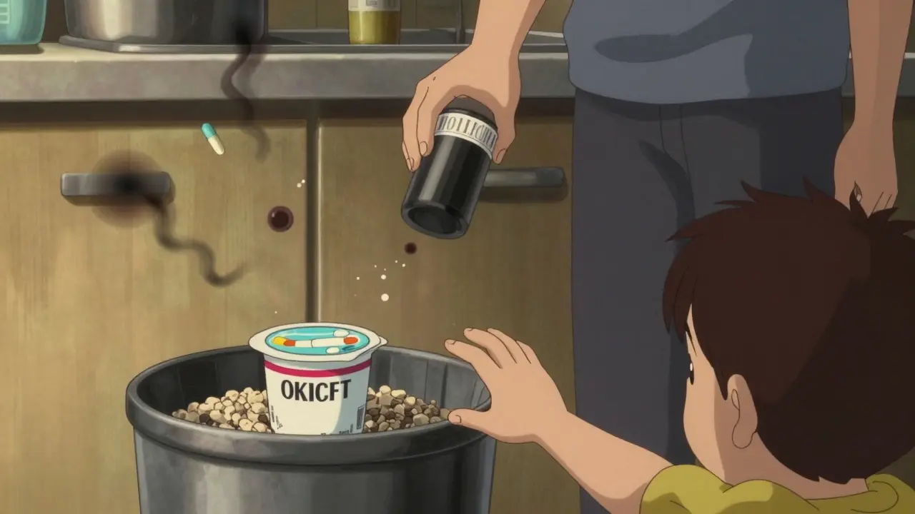 A child reaching for a sealed trash container filled with medicated cat litter, while an adult obscures prescription labels.