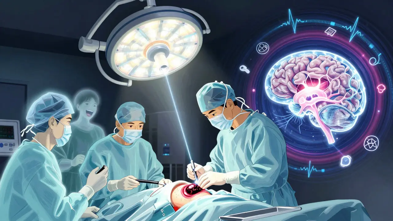 A neurosurgeon removing a seizure focus from a brain with laser beams, surrounded by floating EEG waves and fading life memories.