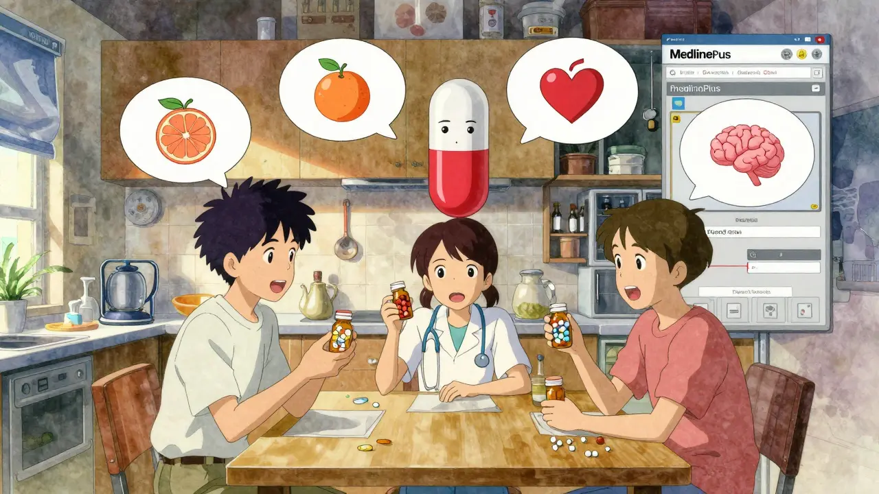 A patient and caregiver with floating pill avatars explaining drug interactions.