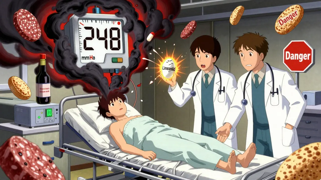 A patient in emergency room with skyrocketing blood pressure reading as tyramine smoke swirls from food.