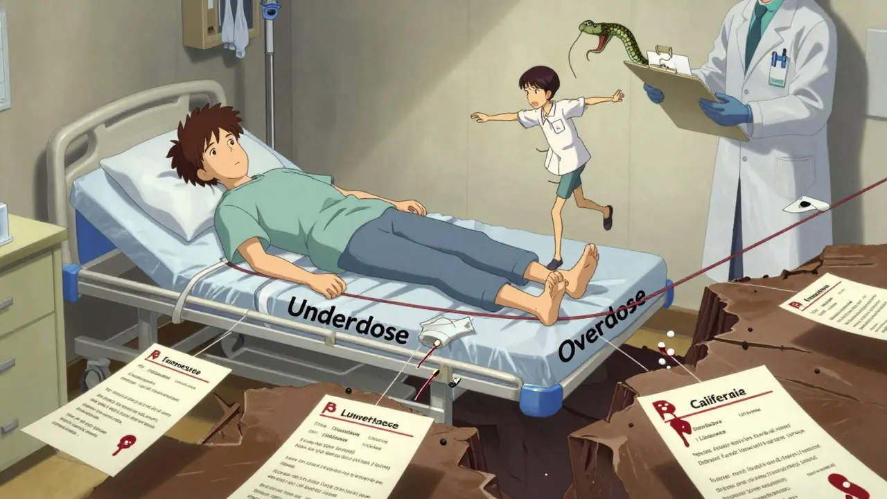 A patient on a hospital bed balanced on a tightrope between underdose and overdose, with prescription slips from different states floating around.