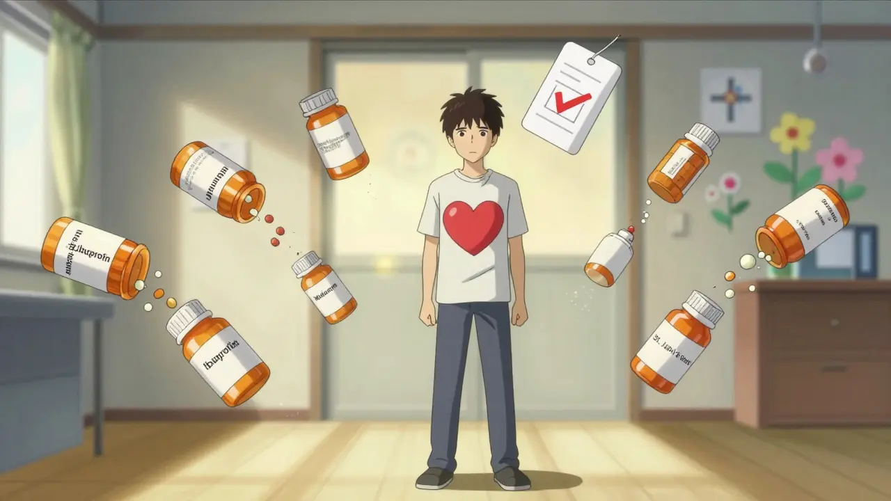 A person standing confidently as old pill bottles dissolve into light, with a single checkmarked prescription floating above their heart.
