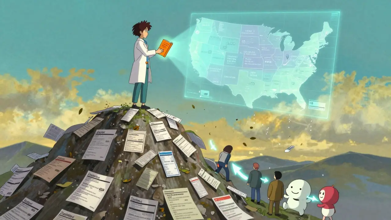 A pharmacist atop a mountain of drug labels, holding a glowing Orange Book hologram.