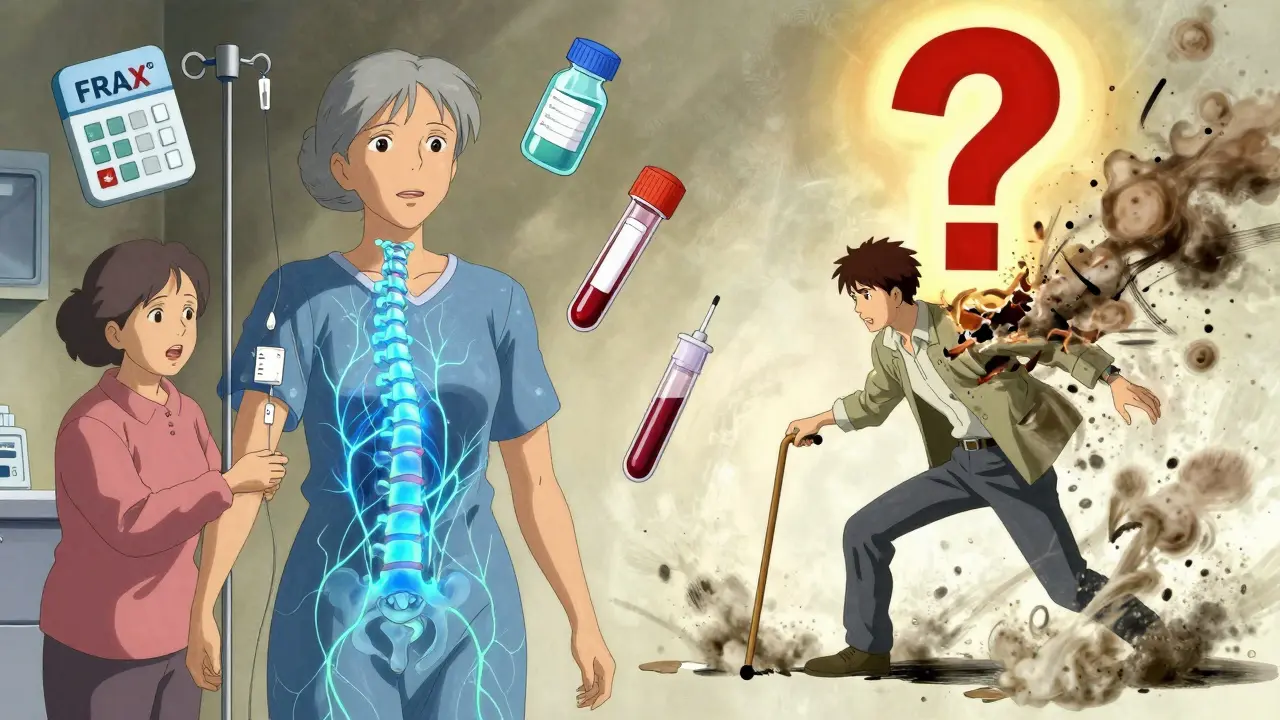 A senior receiving a bone-rebuilding IV infusion on one side, while another refuses treatment and begins to disintegrate.