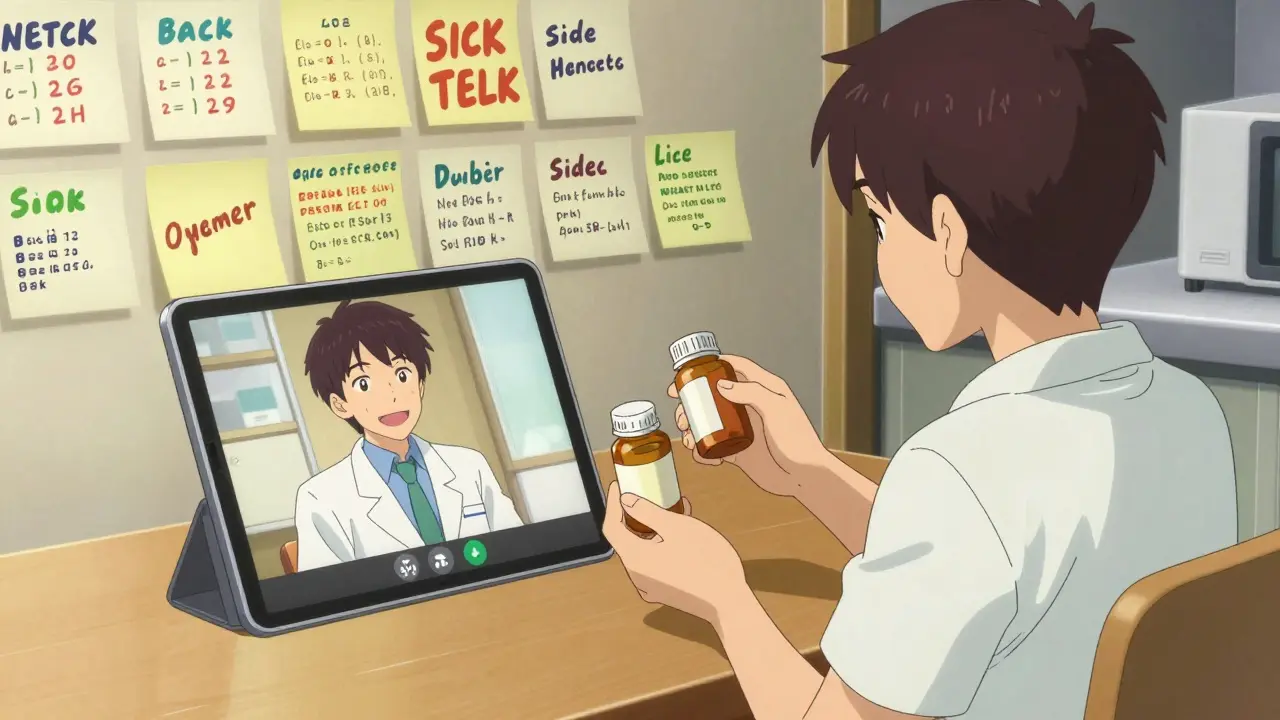 A video call between a pharmacist and patient, with medication bottles held up and handwritten schedules on the wall behind.