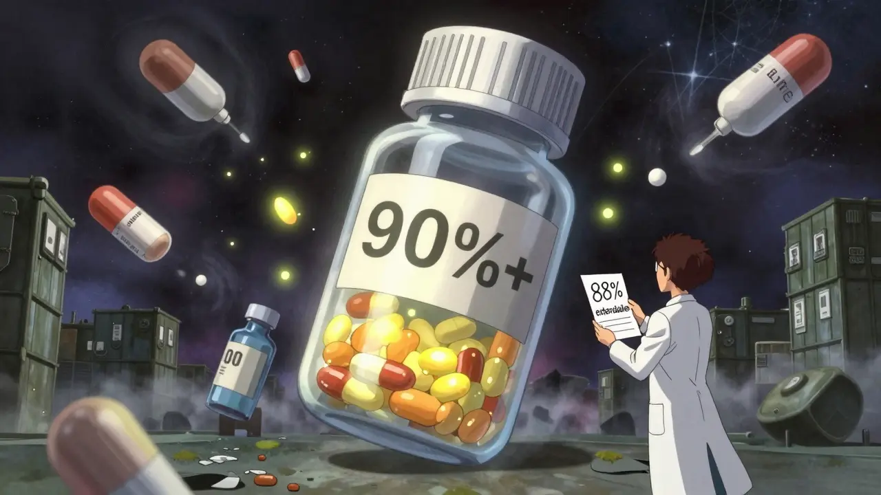 An ancient pill bottle glowing with potency amid floating drug molecules, while expired liquids dissolve into shadow.