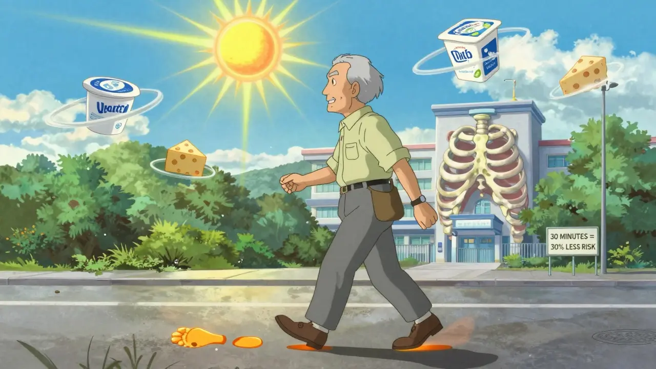 An elderly man walking with glowing footprints that form new bone, surrounded by floating dairy products and sunlight.