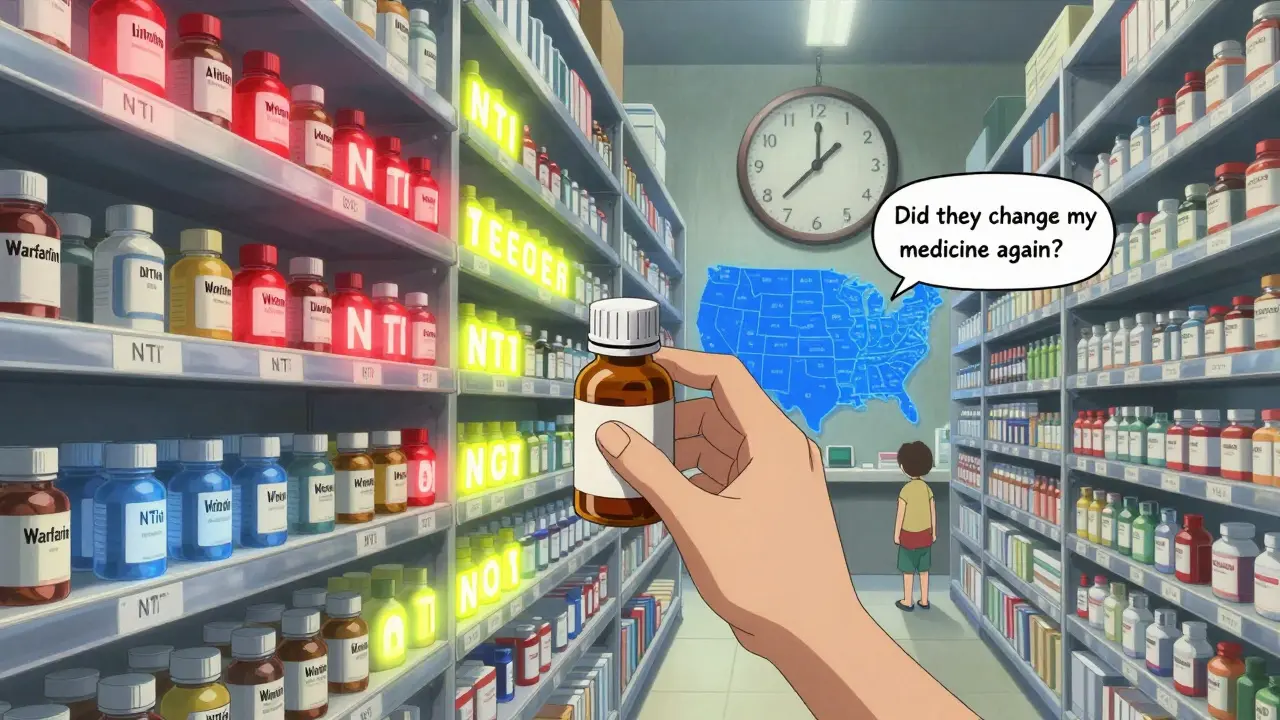 An infinite pharmacy shelf with glowing NTI drugs, each labeled by state, as a hand reaches for a bottle that changes depending on the state's border.