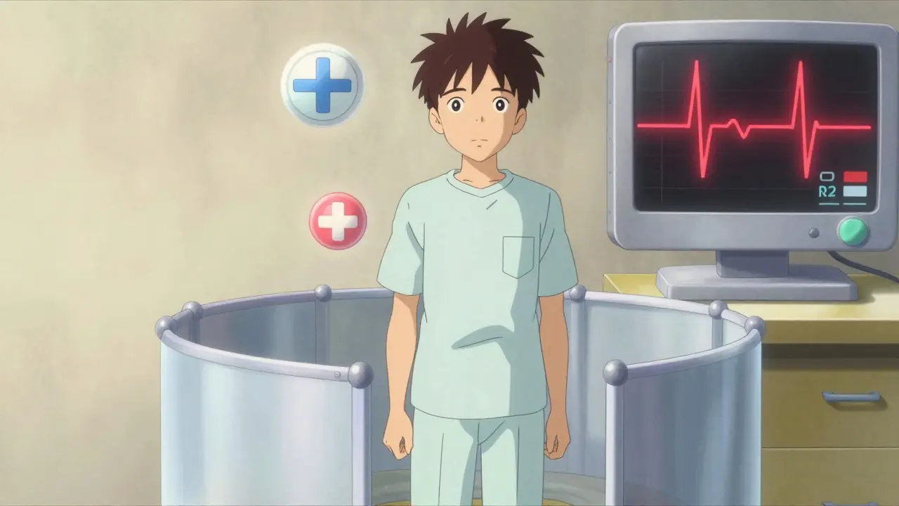 Calm patient surrounded by harmonious medical symbols in anime style.