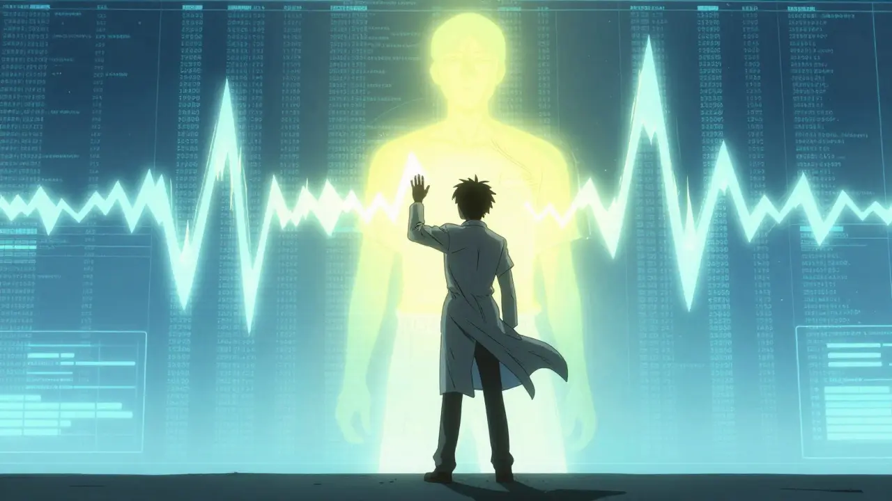 Doctor stands before pulsing wall of light reshaping it with hand to ensure safety.