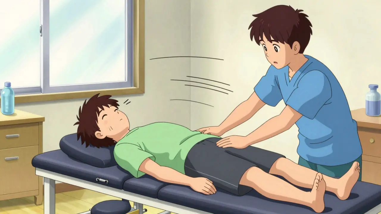 Patient doing balance therapy exercises with a specialist guiding