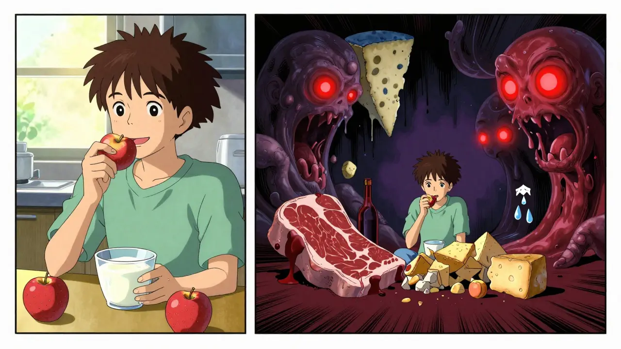 Split scene: safe fresh foods on one side, monstrous aged foods looming on the other in surreal style.