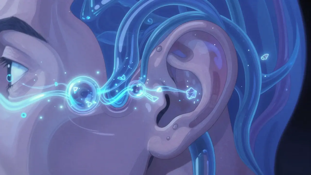Stylized inner ear anatomy with floating crystals in fluid loops