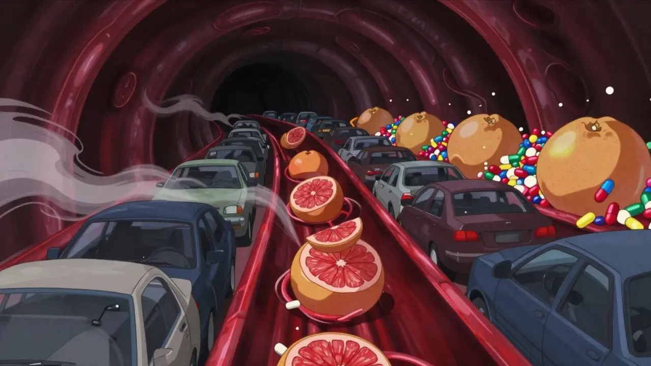 Surreal illustration of blocked metabolic pathway with piled drug particles.