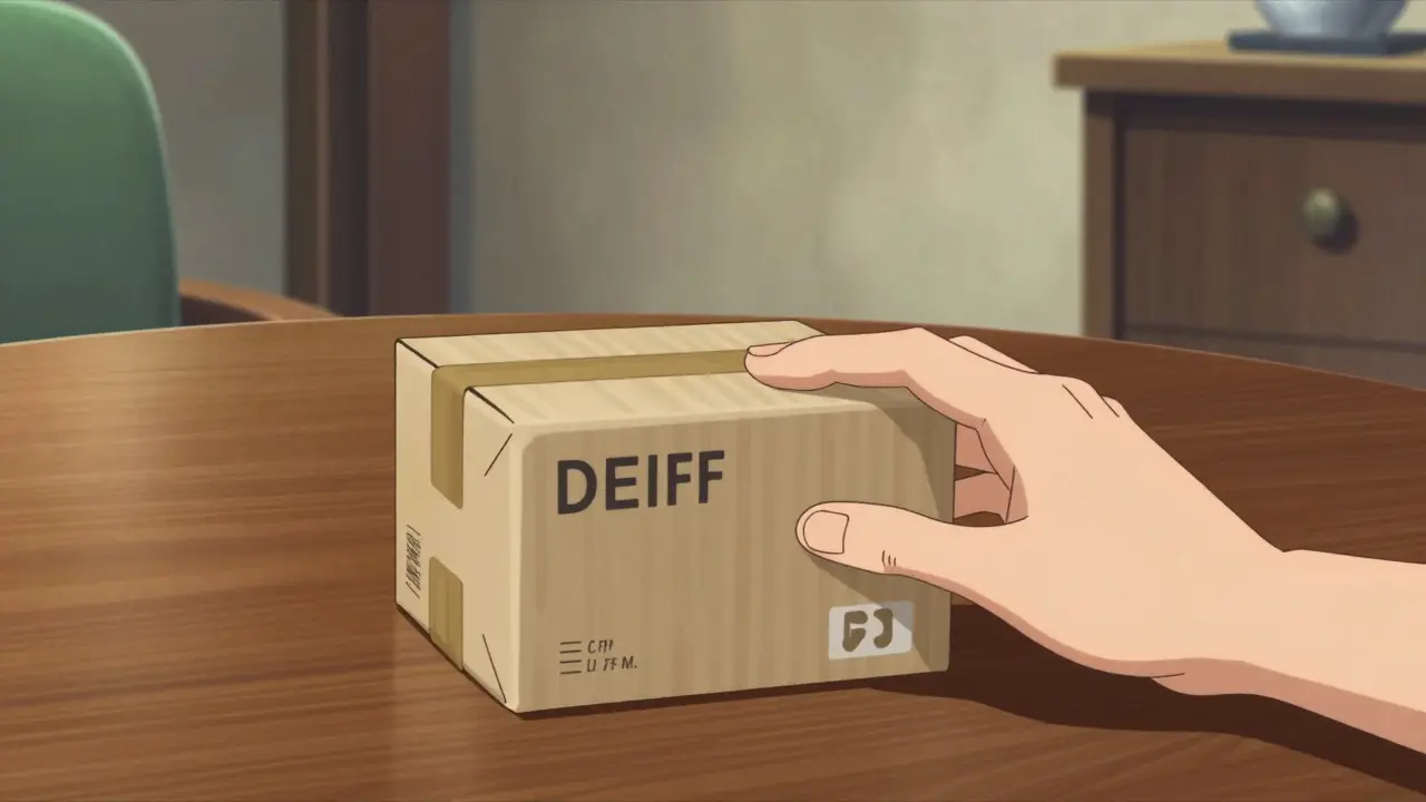 A hand reaching for a delivered medication package in a cozy home