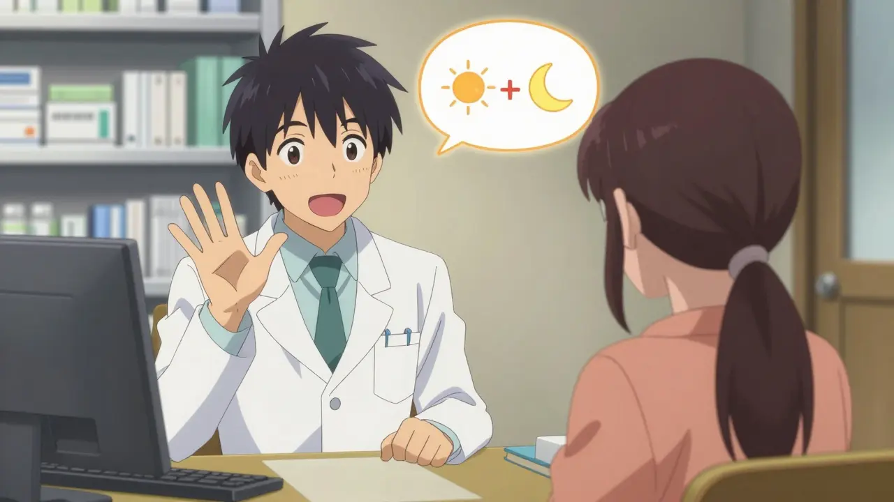 A pharmacist and patient communicating using visual aids and a simple schedule in a vibrant anime style.