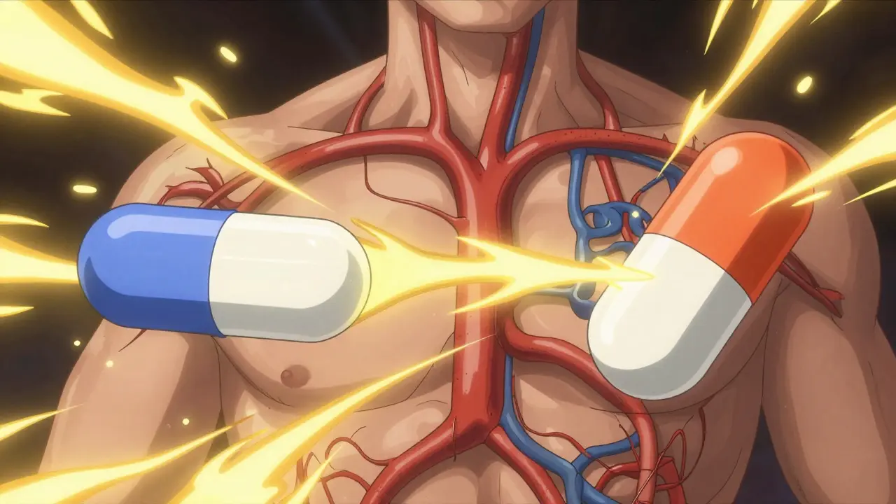 Abstract anime illustration showing two different pills releasing identical active ingredients into the body.
