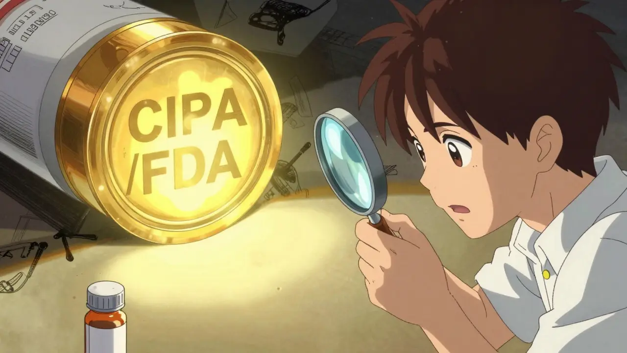 Anime character verifying a medication's authenticity with a glowing certification seal.