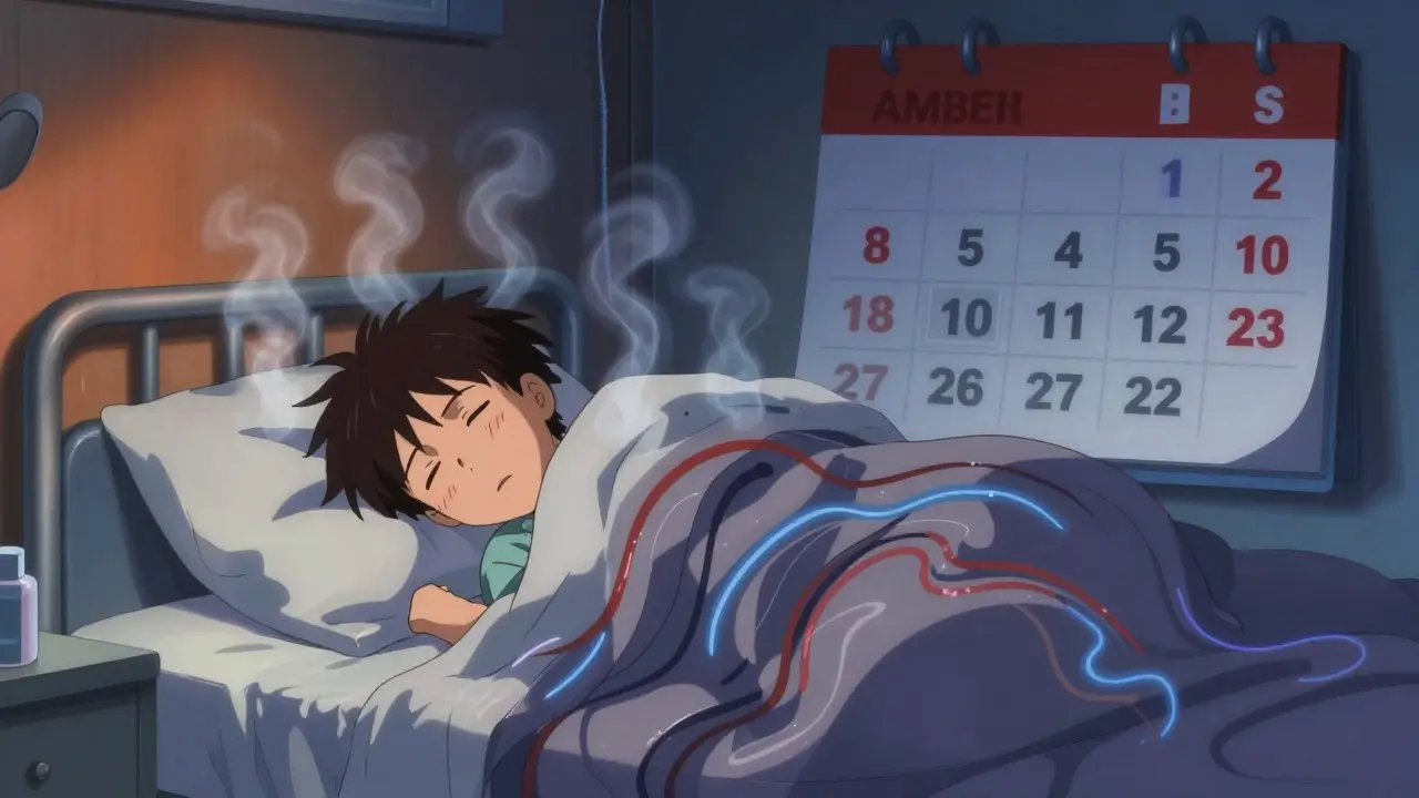 Anime depiction of a patient experiencing night sweats with a medical calendar in the background.